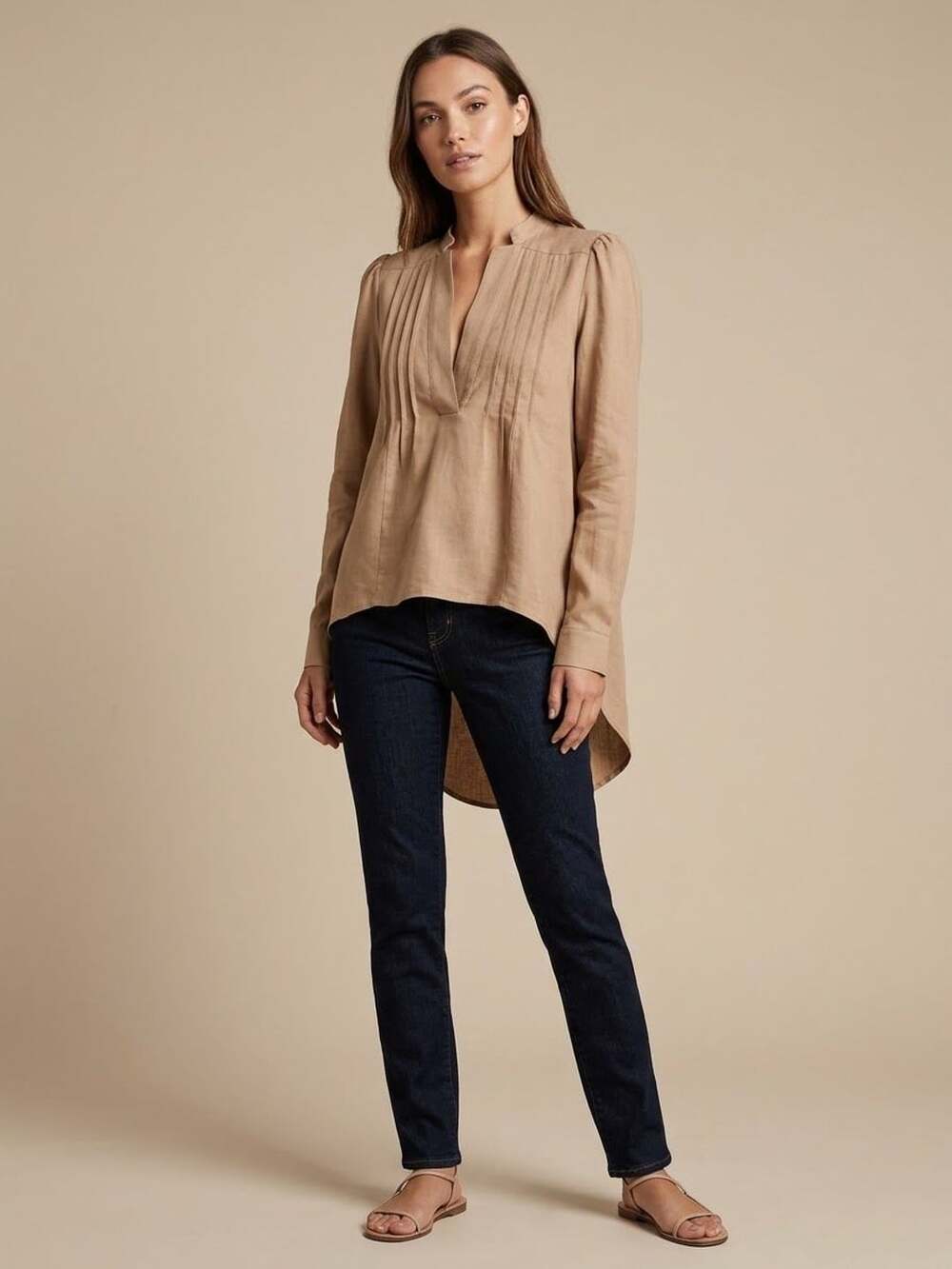 Staring At Stars Pintuck V Neck Blouse Size S Khaki Rayon Long Sleeve